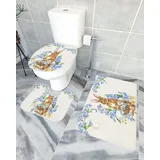 Badezimmerteppich-Set, 3-teilig, rutschfest, Badematte, Ostern, süßes Häschen, Schaf, Huhn, Dekor, Boden-Fußmatte, wasserabsorbierender WC-Deckelbezug und U-förmiger Konturteppich, blaue Blumen, Eie