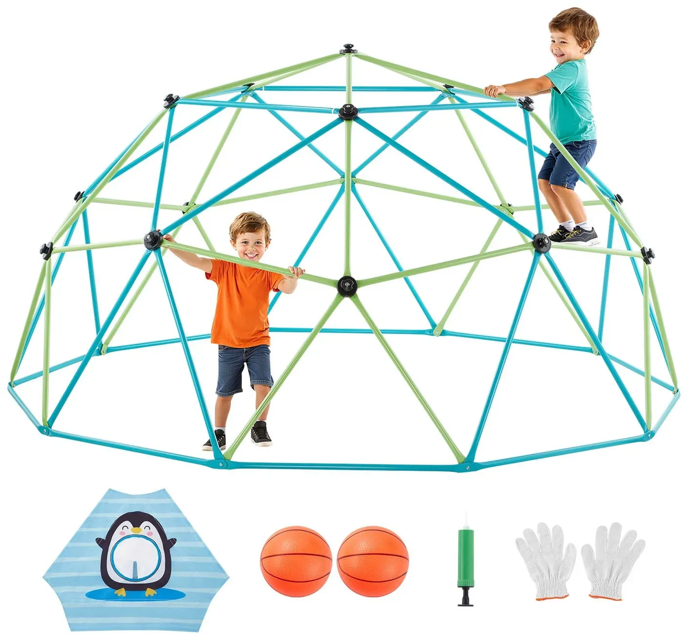 VEVOR Kletterkuppel geometrisches Klettergerüst (305 cm breit) mit Handschuhen & 2 Basketbällen, 453 kg belastbares Klettergerüst, Klettergerät für Kinder von 3 bis 10 Jahren Gartenspielzeug