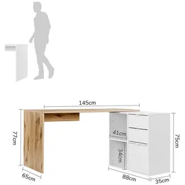 mokebo Eckschreibtisch Eiche, Weiß, Holzwerkstoff, 145x77x65 cm, Arbeitszimmer, Schreibtische, Eckschreibtische