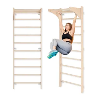 Sprossenwand mit Klimmzugstange für Erwachsene (230 cm), Holz-Kletterwand, Multifunktionales Fitnessgerät, Kletterleiter für Erwachsene & Kinder, 100% ECO, Made in EU