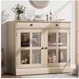 GarveeMore Sideboard Sideboard Küchenschrank Aufbewahrungsschrank mit Glastür beige
