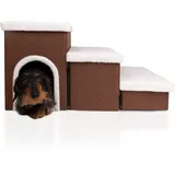 Boefie Hundetreppe mit hundehöhle - hunderampe fur kleine und ältere Hunde – kuschelhöhle - Haustiertreppe fur Hund, Katzen und Kaninchen – Hundetreppe mit Lagerfläche. (braun)