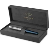 Parker Sonnet Füller | Premium Metal & Blue Satinierung mit Chromverkleidung | Füllfederhalter Feine 18 Karat Goldfeder mit schwarzer Tintenpatrone | Geschenkbox