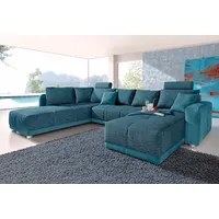 Wohnlandschaft JOCKENHÖFER GRUPPE "Orlando U-Form" Sofas Gr. B/H/T: 337cm x 69cm x 180cm, Luxus-Microfaser-Struktur, Ottomane beidseitig montierbar, mit Bettfunktion-mit Bettkasten, blau (petrol) mit Federkern, Bettfunktion und Bettkasten, inklusive 2 Kopfstützen