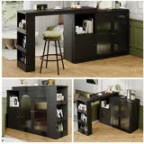 STILVORA Bartisch mit Tischplatte ausziehbar,Küchenschrank Sideboard mit Glastüren®al (rotierender Ess-Barschrank, multifunktionaler Aufbewahrungsschrank, 3 Türen), mit Glastür, für Küche und Esszimmer schwarz