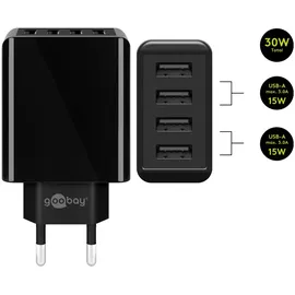 goobay 4-fach USB-Ladegerät, mehrfach USB-Ladegerät, 30W, lädt bis zu 4 Geräte gleichzeitig, schwarz