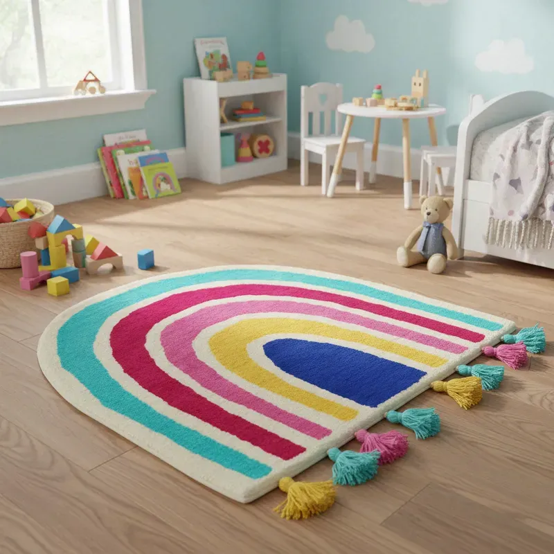 Premier Kids 100 % Wolle, handgewebt, Boho, Regenbogen-Teppich mit Fransen, 90 cm x 88 cm