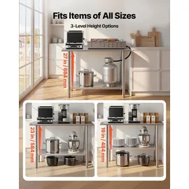 Vevor Edelstahltisch Gastro 1220 x 610 x 864 mm, Verstellbarer Edelstahltisch Küchentisch, Arbeitstisch Gewerblich mit Grundboden für Restaurant Schwerlast Obere Ablage (245 kg) Untere Ablage (204 kg)