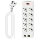 10 Fach Steckerleiste: Steckdosenleiste mit 4 USB Ladeanschlüsse + 2 TYPE-C, Verteilersteckdose Wandmontage, 10 Fach Power Strip mit 2M Kabel, Steckerleiste mit Schalter für Büro, Hause und Reisen