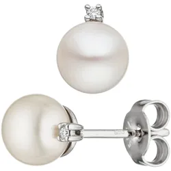 Perlenohrringe JOBO, weiß (weißgold 585), Ohrringe, Damen, SI = kleine Einschlüsse, Weißgold 585-Diamanten-Perlen, Weißgold 585, Diamanten, Perlen, 585 Weißgold 2 Diamanten 2 Süßwasser-Zuchtperlen