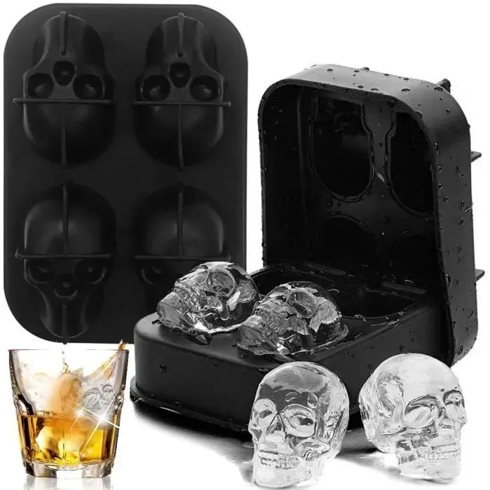 A Crâne en Forme de Cube de Glace en Silicone - YUESEN 2 Pcs Moule à glaçons 3D en forme de tête de mort en silicone souple pour457