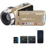 ORDRO B320 1080P Camcorder mit 16GB Karte, 18X Digitalzoom, Nachtsicht, 270° drehbarer Touchscreen, Full HD 1080P 30MP Kamera, 2 Akkus Gold