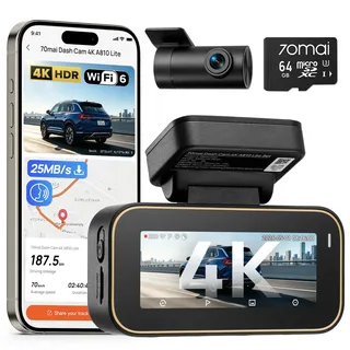 70mai A810 Lite Dashcam Vorne Hinten, 4K Dashcam 2160P+1080P mit 64GB Karte, 24H Parküberwachung, 4G LTE Fernzugriff unterstützt, Notfall-Voraufzeichnung, G-Sensor, Nachtsicht HDR, F1.55, 5GHz WiFi