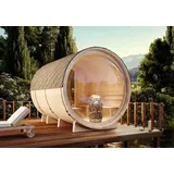 FinnTherm Comfort Set Fasssauna Panorama Fasssauna 2 Sitzbänke aus Holz, Sauna mit 42 mm Wandstärke Außensauna - Naturbelassen