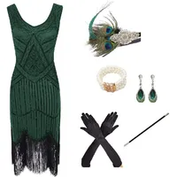 shoperama 20er Jahre Charleston Flapper Damen-Kostüm Grün Pailletten-Kleid mit Fransen und 5-TLG. Pfau Zubehör-Set, Größe:L