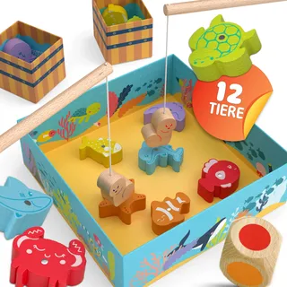 Merle Toys® Magnetisches Angelspiel ab 2 Jahre, 100% FSC Holzspielzeug mit 2 Angelruten und beidseitigen Magneten, Montessori Spielzeug ab 2 Jahre, Motorikspielzeug, Angelspiel für Kinder ab 3 Jahre
