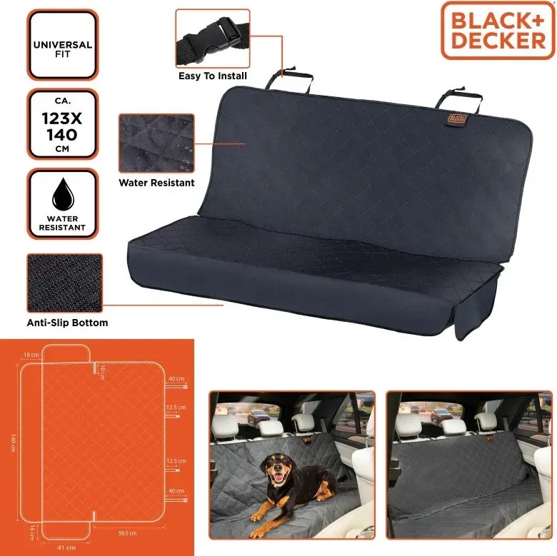 BLACK+DECKER Rücksitzschutz fürs Auto, 123 × 140 cm, Wasserdicht, Rutschfest, Universelle Passform, Für Haustiere