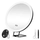 JJhxr 30X Vergrößerungsspiegel mit Licht,15.24 cm großer Makeup Vergrößerungsspiegel, 3 Farben Dimmbarer Makeup Spiegel mit 360° Tischständer, Tragbarer LED Vergrößerungsspiegel mit 3 Saugnäpfen