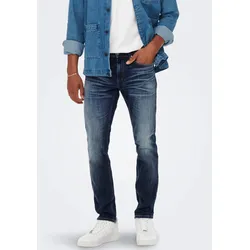 Straight-Jeans ONLY & SONS "ONSWEFT REGULAR WB 0021 TAI DNM NOOS", Herren, Gr. 32, Länge 34, blau (blau denim), Denim/Jeans, Obermaterial: 98% Baumwolle, 2% Elasthan, Abriebeffekte, casual, regular fit lang, Jeans, im 4-Pocket-Style