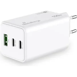 MediaRange 100W GaN Schnellladeadapter (EU-Stecker), 2x USB-C und 1x USB-A, unterstützt USB-C® Power Delivery und Quick ChargeTM, Weiß
