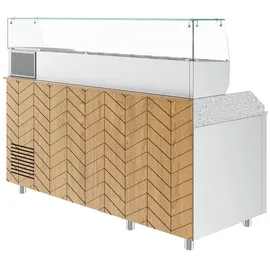 Gastronics Pizzakühltisch Premium – Kühltheke mit grauem Granit, Fischgrätenverkleidung, LED 207 x 80 x 145 cm 3 Türig