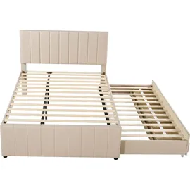 Flieks Polsterbett mit Unterbett, Doppelbett Jugendbett mit Lattenrost und Schubladen, Kinderbett Holzbett Gästebett Tagesbett 140x200/90x190cm, L... - Beige