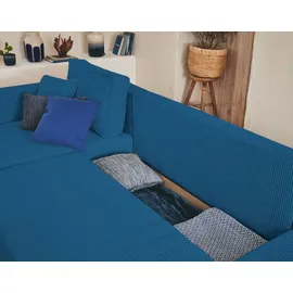 best mobilier Topaze - 7-Sitzer wohnlandschaft U-form - schlaffunktion und Bettkasten - Cord Schieferblau