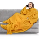 Pavilia Fleecedecke mit Ärmeln, Fußtaschen für Damen, Herren, tragbare Plüschdecke, Überwurf, warme Kuscheldecke, Bademantel, gemütliche Geschenkideen, Ehefrau, Mutter, Senfgelb - Fleece