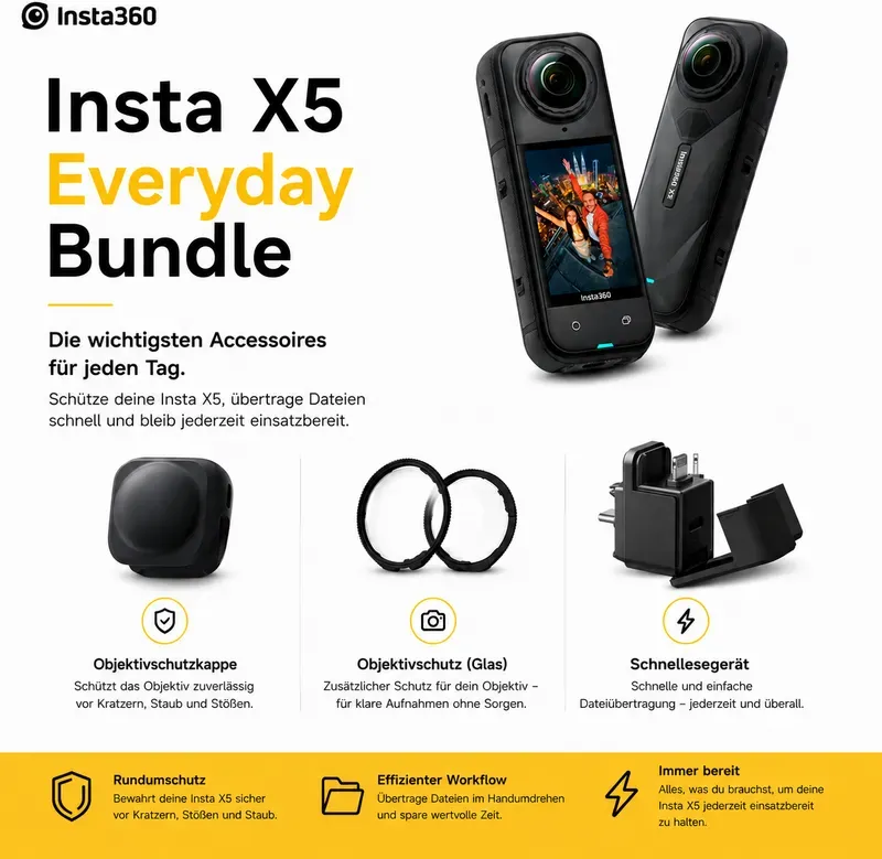 Insta X5 Tägliches Set (Insta360 X5 + Objektivschutzkappe + Standard-Objektivschutzfilter + Schneller Kartenleser)