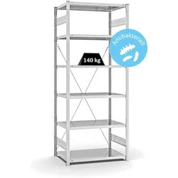 PROREGAL Antibakterielles Fachbodenregal Stecksystem T-Profil | HxBxT 250x100x60cm | 6 Ebenen | Traglast 140kg | Antibakterielle Beschichtung | Weiß