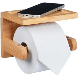 Relaxdays Toilettenpapierhalter mit Ablage, für Handy, Schlüssel, Klopapierhalter Bambus, HBT: 12,5x16,5x12,5 cm, natur
