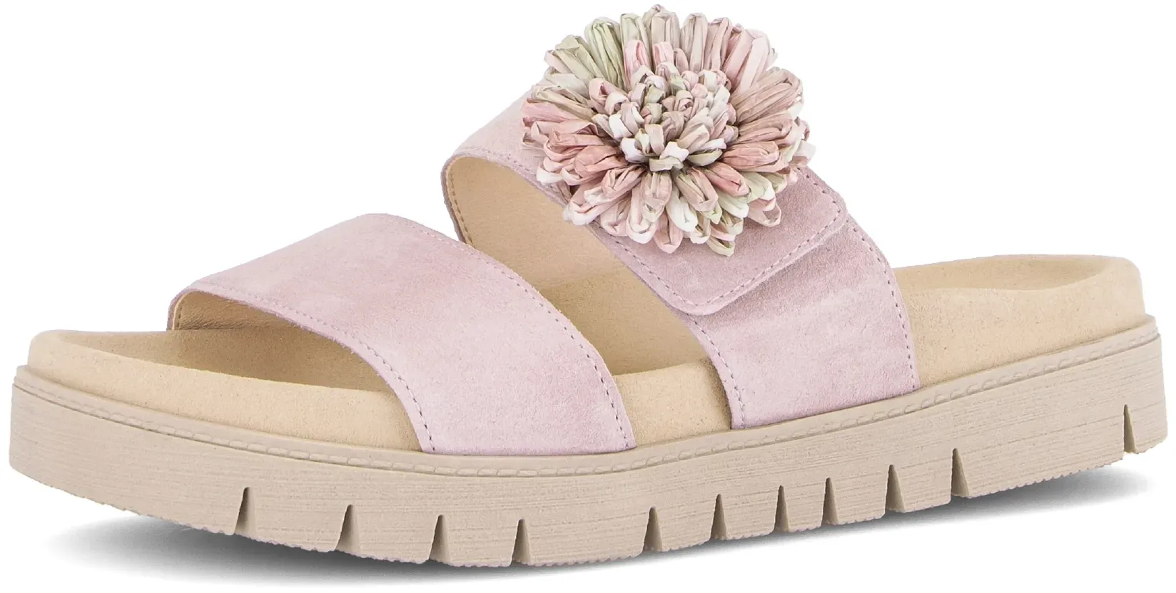 Pantolette GABOR, Damen, Gr. 40, rosa (rosé), Veloursleder, unifarben, Schuhe Pantolette, Plateau, Sommerschuh, Schlupfschuh mit Bast-Zierblüte