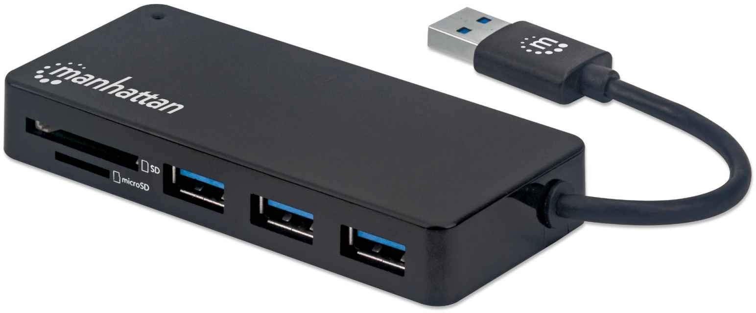 Manhattan-Products 164931 USB Hub mit Micro / SD Kartenleser - Multiport mit SuperSpeed 3 x USB 3.1 Ports, 2 x Slots für SD-Karten, Plug&Play, Notebook
