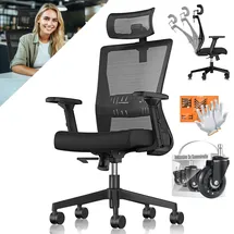 Kesser KESSER® Bürostuhl mit verstellbaren Armlehnen Drehstuhl mit Lendenwirbelstütze Rückenschonend Schreibtischstuhl ergonomisch mit Kopfstütze Office Chair Wippfunktion bis 125° mit 5x Gummirollen