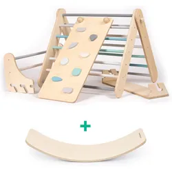 Klettergerüst & Sprossenwand mit Rampe/Rutsche + Balance Board, Pastell braun|weiß|blau No Size