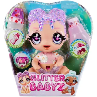 MGA Entertainment MGA Glitter Babyz - LILA WILDBLOOM - Babypuppe mit 3 magischen Farbwechseln durch eiskaltes Wasser - mit lila Glitzer-Haar, Wildblumen-Outfit, Windel, Flasche und Schnuller - Für Kinder ab 3 Jahren