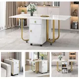 Flieks Ausziehbarer Esstisch Küchentisch Rechteckig, Esstisch für Esszimmer, Esstisch mit Schubladen und Tür, Tisch Marmoroptik, 43/150x80x76cm,... - Weiß/Gold