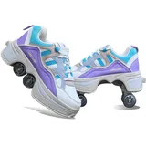 Rollschuhe Kinder,Unisexe Skates 2-in-1 Multifunktions 4-Rad Verstellbare Rollschuhe,Verstecktes Rad Für Laufsportschuhe Zum Spielen,Einstellbare Rollschuhe Für Skaten,Laufen,Purple-EU35=UK3