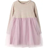 NAME IT "NMFTAIAS LS TULLE DRESS", Mädchen, Gr. 116, N-Gr, dawn pink stripes:cloud dancer, Jersey, Obermaterial: 90% Baumwolle, 5% Elasthan, 5% metallisierte Fasern, geringelt, gestreift, unifarben, bequem, Rundhals, Kleider Minikleid