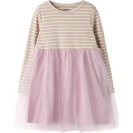 NAME IT "NMFTAIAS LS TULLE DRESS", Mädchen, Gr. 116, N-Gr, dawn pink stripes:cloud dancer, Jersey, Obermaterial: 90% Baumwolle, 5% Elasthan, 5% metallisierte Fasern, geringelt, gestreift, unifarben, bequem, Rundhals, Kleider Minikleid