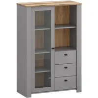 Feldmann-Wohnen Vitrine, Grau, Braun, Holz, 4 Fächer, 3 Schubladen,