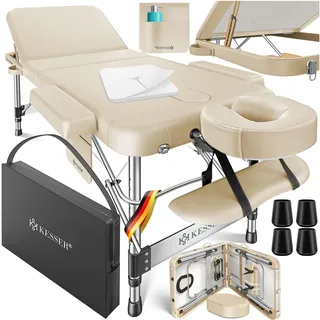 Kesser KESSER® Mobile Massageliege klappbar & höhenverstellbar 3 Zonen Massagebett Massagetisch Therapieliege Aluminium + 10x Gesichtsauflage mit Kopfst... - Beige