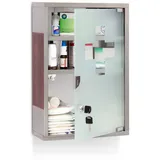 Relaxdays Medizinschrank EMERGENCY Edelstahl Holz-Optik HBT:45x30x12cm, 3 Fächer, Glas-Tür abschließbar,silber/braun