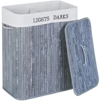 Relaxdays Wäschekorb mit Deckel, 2 Fächer, Bambus, 100 l, Faltbare Wäschebox, HxBxT: 63 x 54 x 34 cm, Wäschetruhe, grau