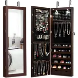 Costway - Led Schmuckschrank Mit Ganzkoerperspiegel, Schmuckregal Tür- Und Wandmontage, Haengender Schmuck Spiegelschrank Für Ringe, Kettenhaken Und Ohrringe Braun