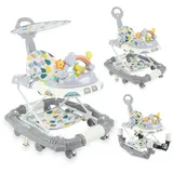 oyajia Lauflernwagen Höhenverstellbarer Baby Gehfrei Lauflernwagen mit Spielcenter, (4in1 Lauflernhilfe Babywalker Spiel- und Lauflernwagen, klappbar, Musik), Wippe, höhenverstellbar, klappbar grau