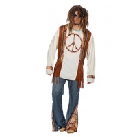 shoperama Hippie Peace Herren-Kostüm mit Jeans-Schlaghose 60er 70er Jahre Seventies Sixties Flower Power, Größe:48