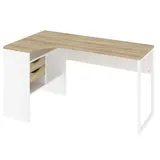 VCM Plus Eckschreibtisch mit 3 Ablagen und 2 Schubladen, weiss und Eichenstruktur.