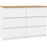 VBChome Kommode mit 6 Schubladen Weiß - Eiche 120 x 39 x 81 cm Grifflose Schubladenkommode Holz Mehrzweckschrank Mehrzweckschrank für Flur Schlafzimmer Wohnzimmer Kinderzimmer Einfache Montage