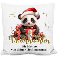 Weihnachtskissen personalisiert „Frohe Weihnachten!“ Panda-Motiv - 40x40cm, inkl. Kissen-Füllung – Deko Zierkissen Geschenk Weihnachten (Flauschiges Kissen)